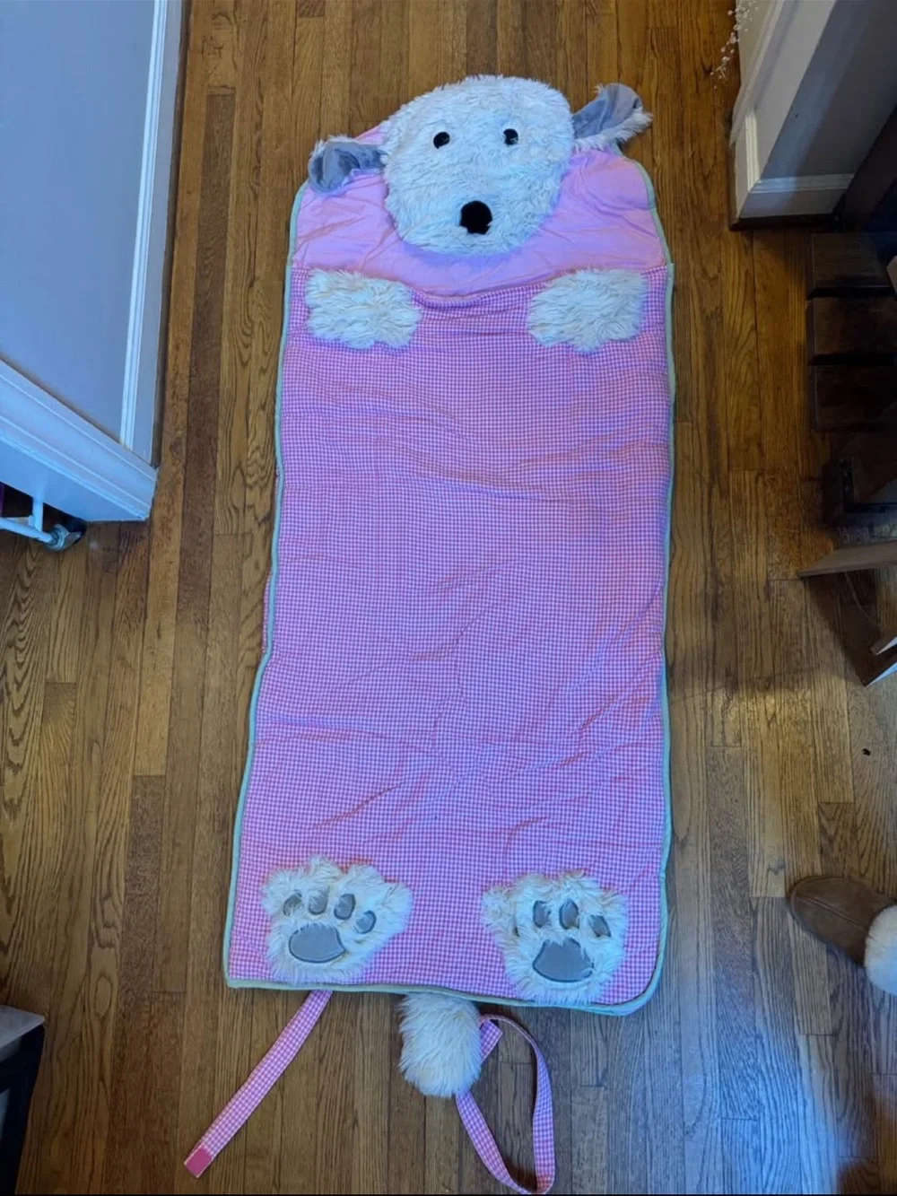 Pottery Barn Kids Shaggy Head Dog Puppy Sleeping Bag Pink White Gingham